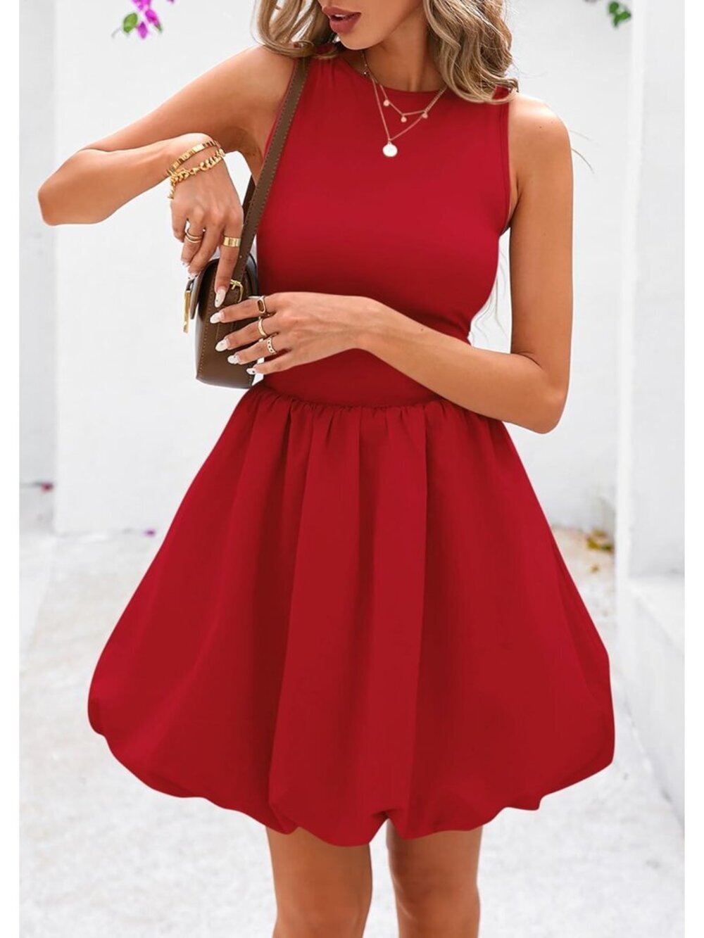 〽️Women's Red Casual Sleeveless Tank Crew Neck Short Cocktail Mini Dress - Picture 5 of 6